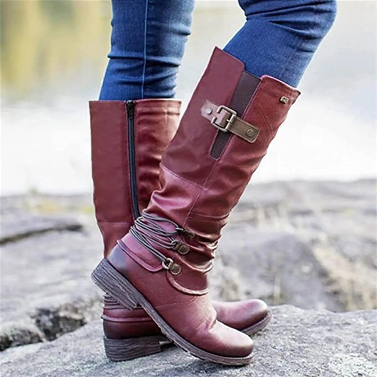 Lausiuoe Knee High Boots Women Wide Calf Flat Heel Side Zipper Motorcycle Boots Square Toe Fashion Buckles Biker Riding Boots