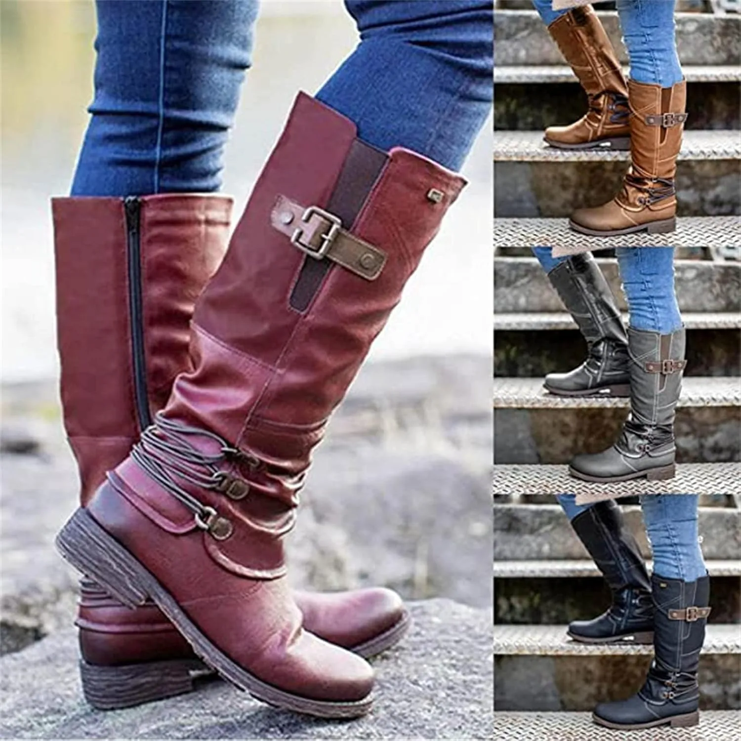 Lausiuoe Knee High Boots Women Wide Calf Flat Heel Side Zipper Motorcycle Boots Square Toe Fashion Buckles Biker Riding Boots