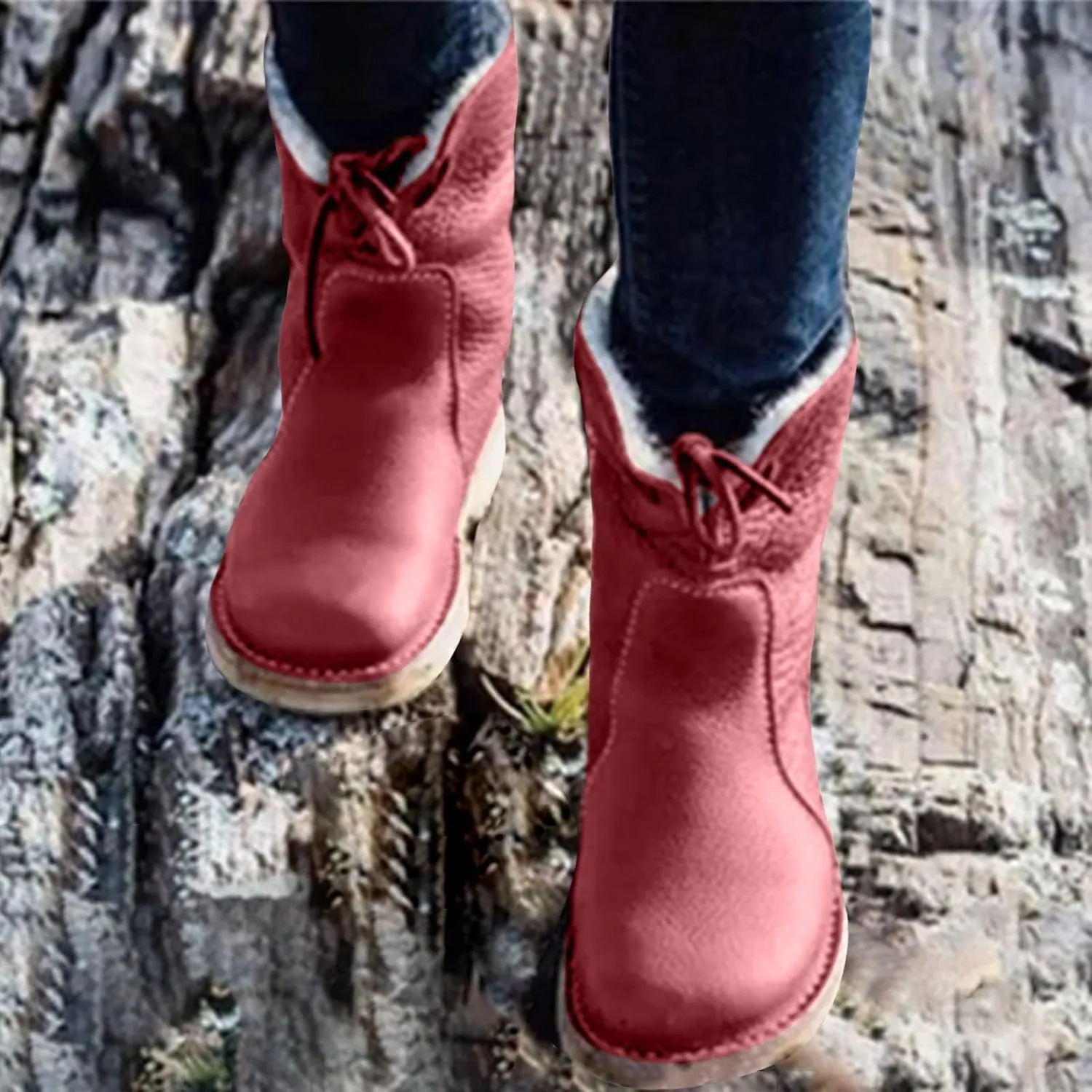 Leather Water Proof Insulated Boots for Women Fashionable Solid Mid Calf Boots Fleece Lined Warm Womens Mid Hiking Shoes