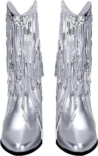 Metallic Silver Glitter Sequin Tassel Cowboy Boots