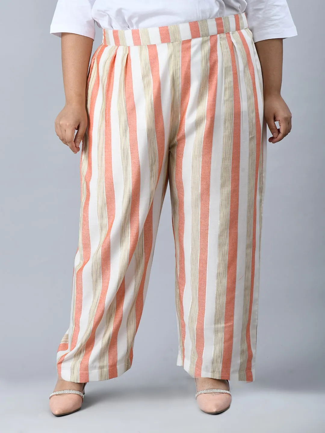 Plus Size Formal White & Pink Striped Co-ord Set