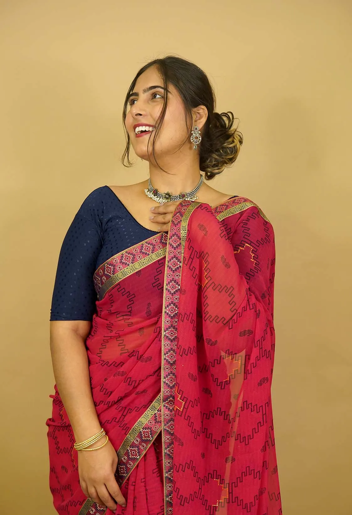 Ready to wear Geometric Printed Georgette  Woven Border Wrap IN One Minute Saree