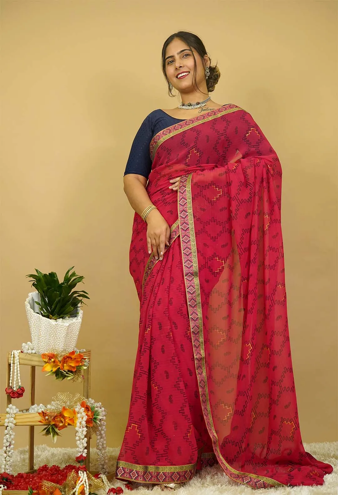 Ready to wear Geometric Printed Georgette  Woven Border Wrap IN One Minute Saree