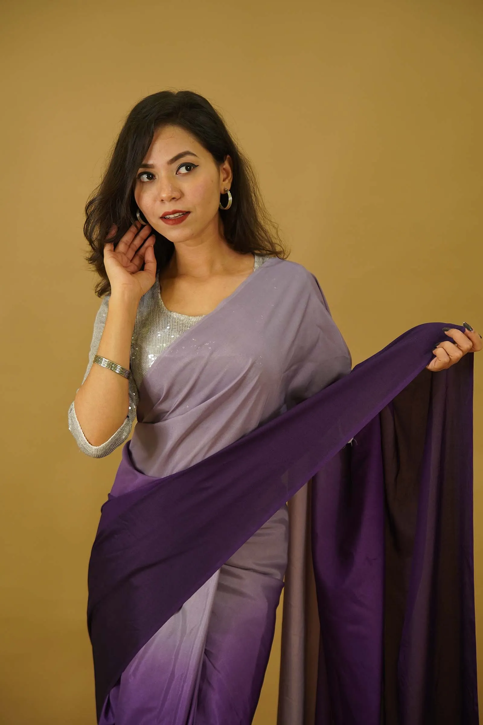 Ready to wear saree Georgette silk Purple Ombre Shaded  Wrap in one minute saree