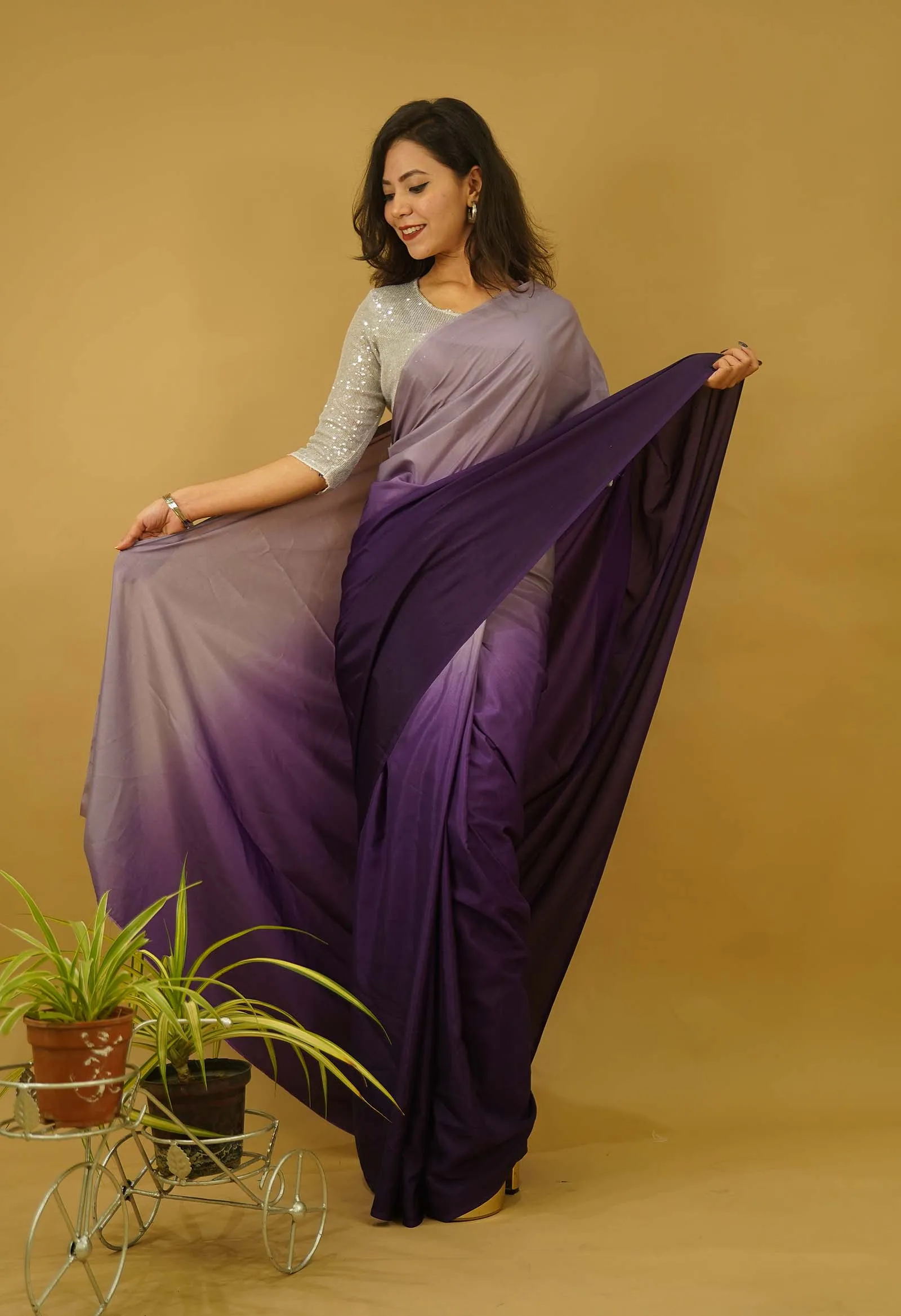Ready to wear saree Georgette silk Purple Ombre Shaded  Wrap in one minute saree