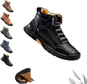 Sawbehind Men's Comfortable Handmade Leather Boots, Men's Casual Leather Handmade Non-Slip Arch Support Shoes(Black,US 6.5)