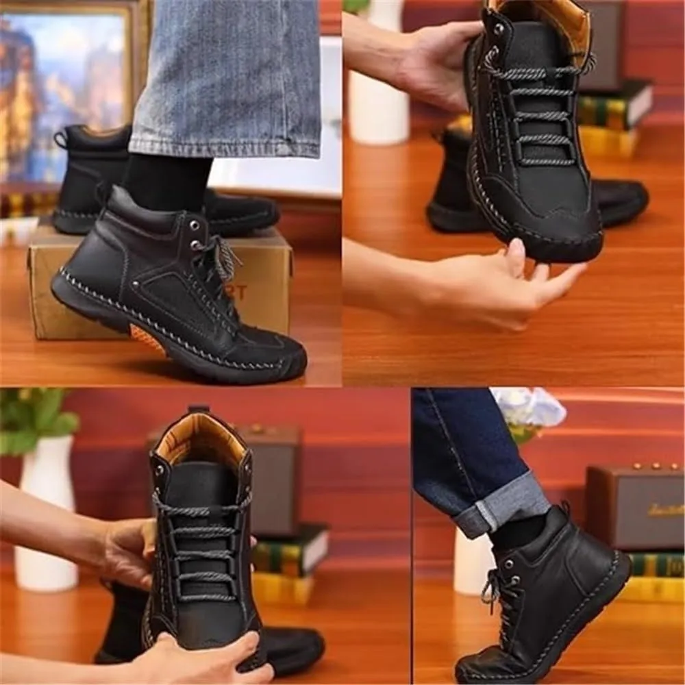 Sawbehind Men's Comfortable Handmade Leather Boots, Men's Casual Leather Handmade Non-Slip Arch Support Shoes(Black,US 6.5)
