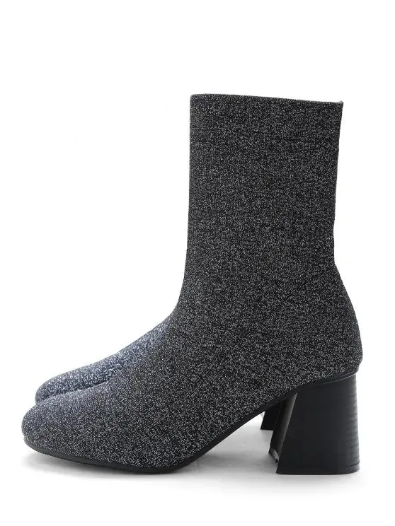 Silver Glitter Stretchy Sock Mid Calf Boots