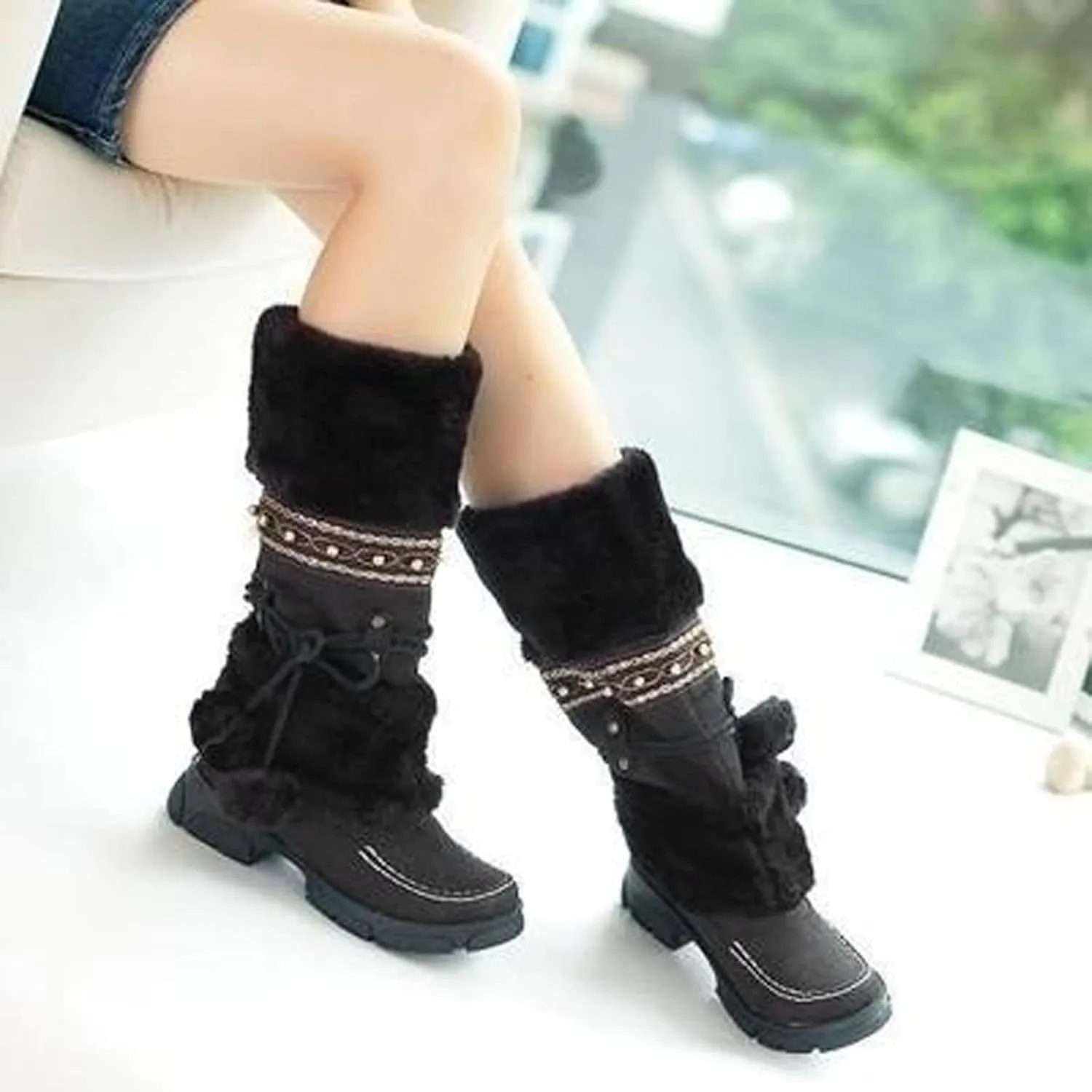 Snow Boots for Women Fur Boots for Women Womens Winter Boots Round Toe Suede Square Heel Warm Mid-Calf Snow Boots