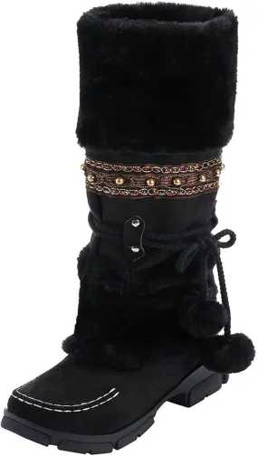 Snow Boots for Women Fur Boots for Women Womens Winter Boots Round Toe Suede Square Heel Warm Mid-Calf Snow Boots