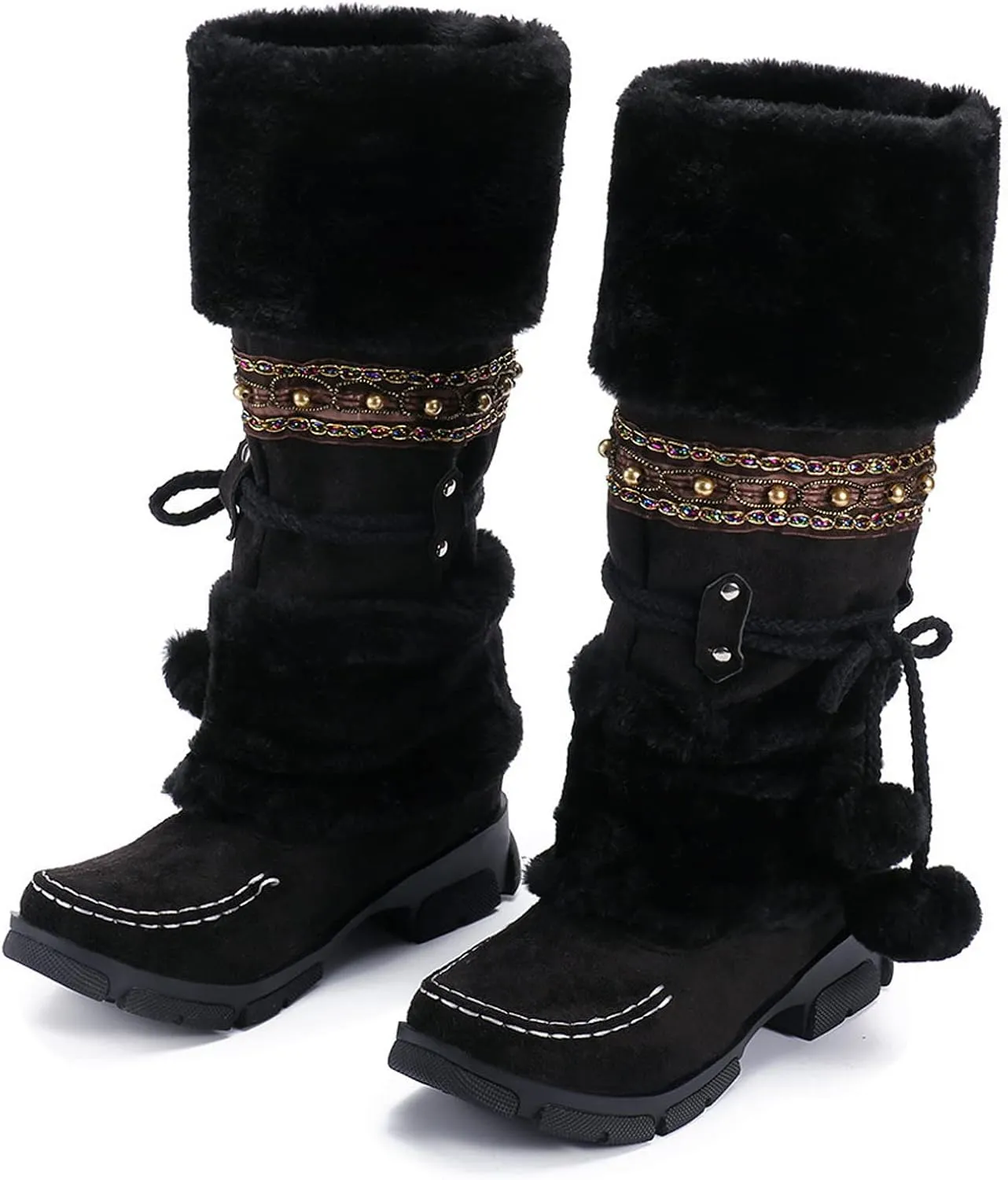 Snow Boots for Women Fur Boots for Women Womens Winter Boots Round Toe Suede Square Heel Warm Mid-Calf Snow Boots