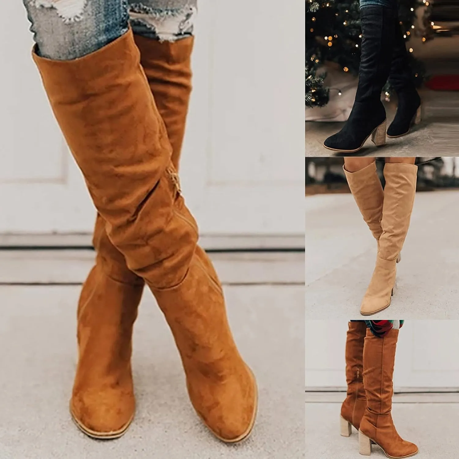Western Boots for Women Knee High Boots Women Cowboy Boots for Women Fashion Flock Chunky High Heels Slip on Boots