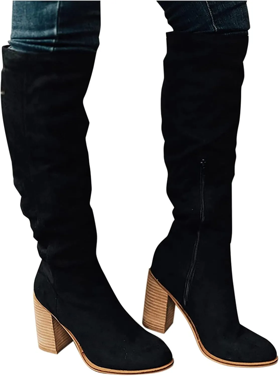 Western Boots for Women Knee High Boots Women Cowboy Boots for Women Fashion Flock Chunky High Heels Slip on Boots