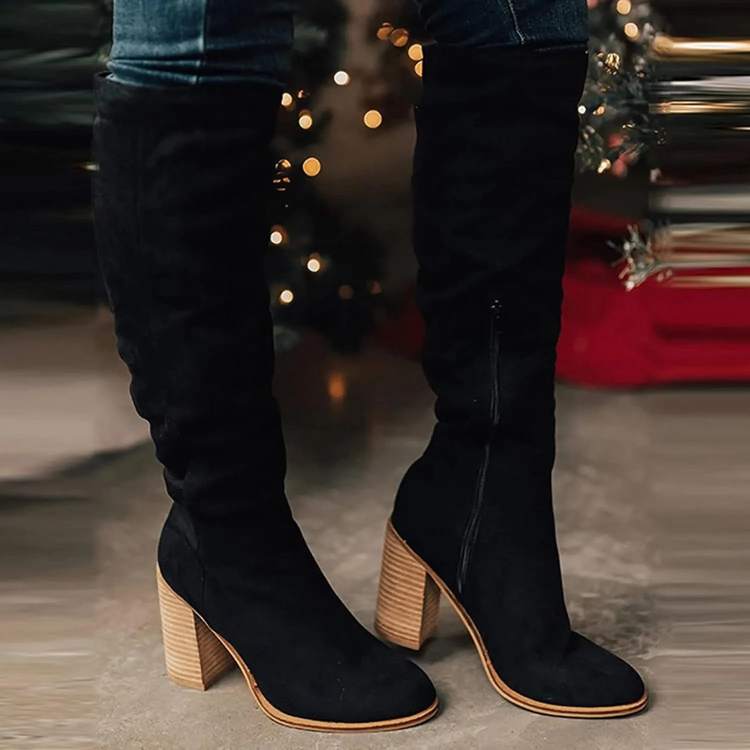 Western Boots for Women Knee High Boots Women Cowboy Boots for Women Fashion Flock Chunky High Heels Slip on Boots