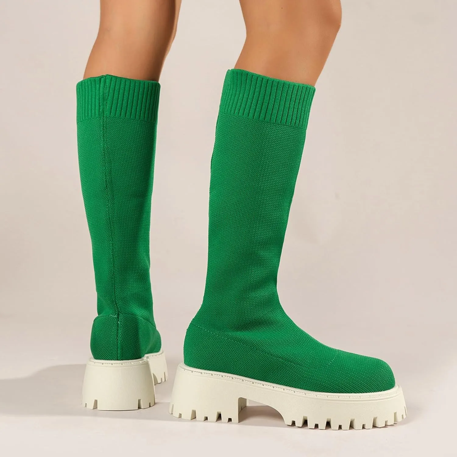 Winter Thick Soled Knitted Long Boots Women's Socks Long Boots Elastic Round Toe Mid Heel Boots Leather Low Boots Women, 6.5