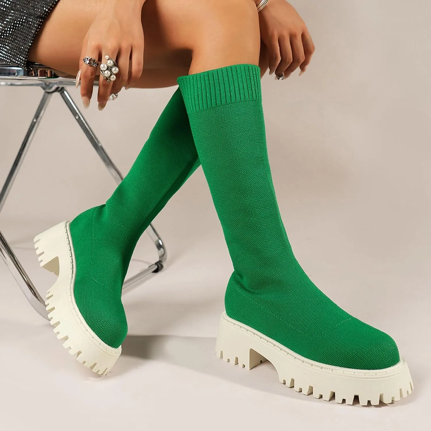 Winter Thick Soled Knitted Long Boots Women's Socks Long Boots Elastic Round Toe Mid Heel Boots Leather Low Boots Women, 6.5