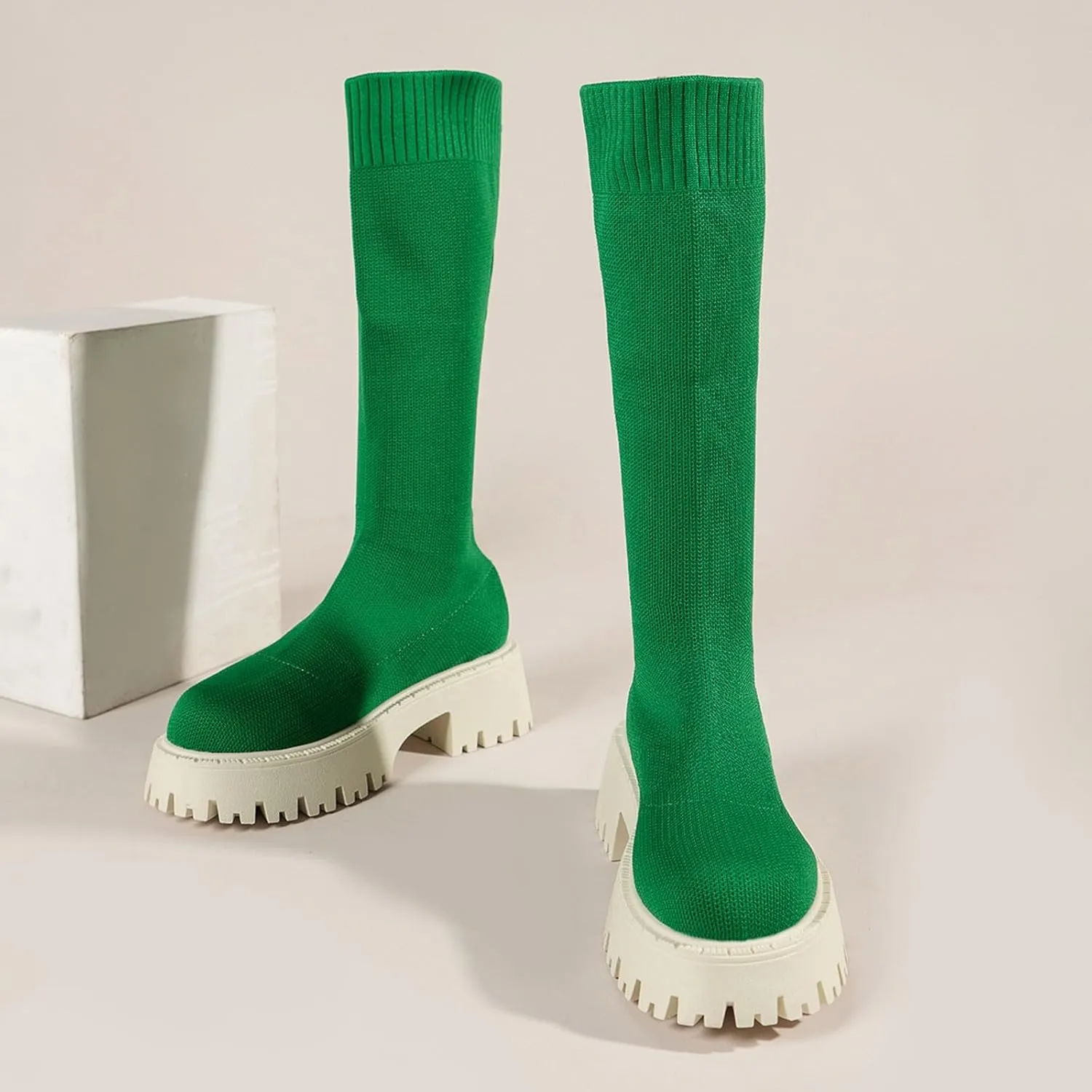 Winter Thick Soled Knitted Long Boots Women's Socks Long Boots Elastic Round Toe Mid Heel Boots Leather Low Boots Women, 6.5