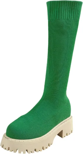 Winter Thick Soled Knitted Long Boots Women's Socks Long Boots Elastic Round Toe Mid Heel Boots Leather Low Boots Women, 6.5