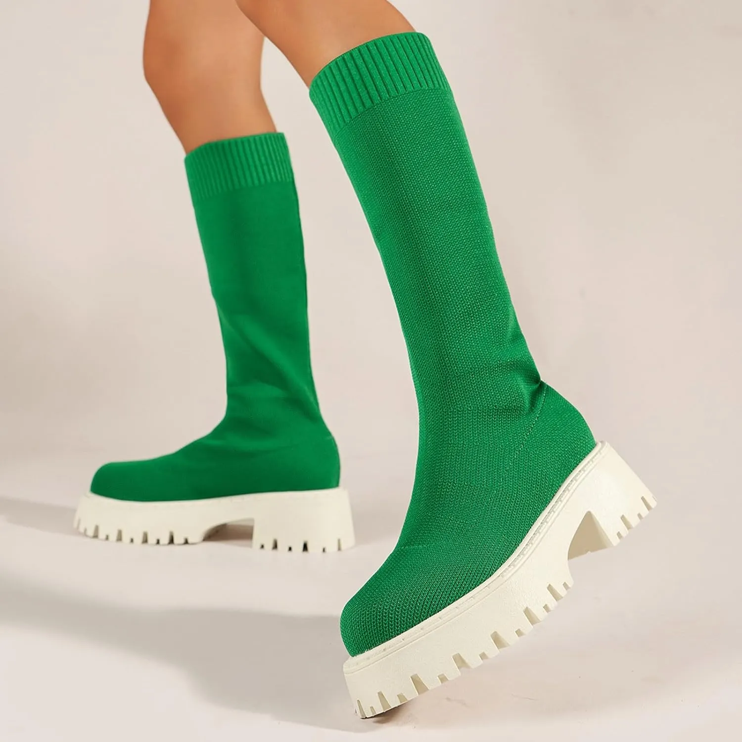 Winter Thick Soled Knitted Long Boots Women's Socks Long Boots Elastic Round Toe Mid Heel Boots Leather Low Boots Women, 6.5