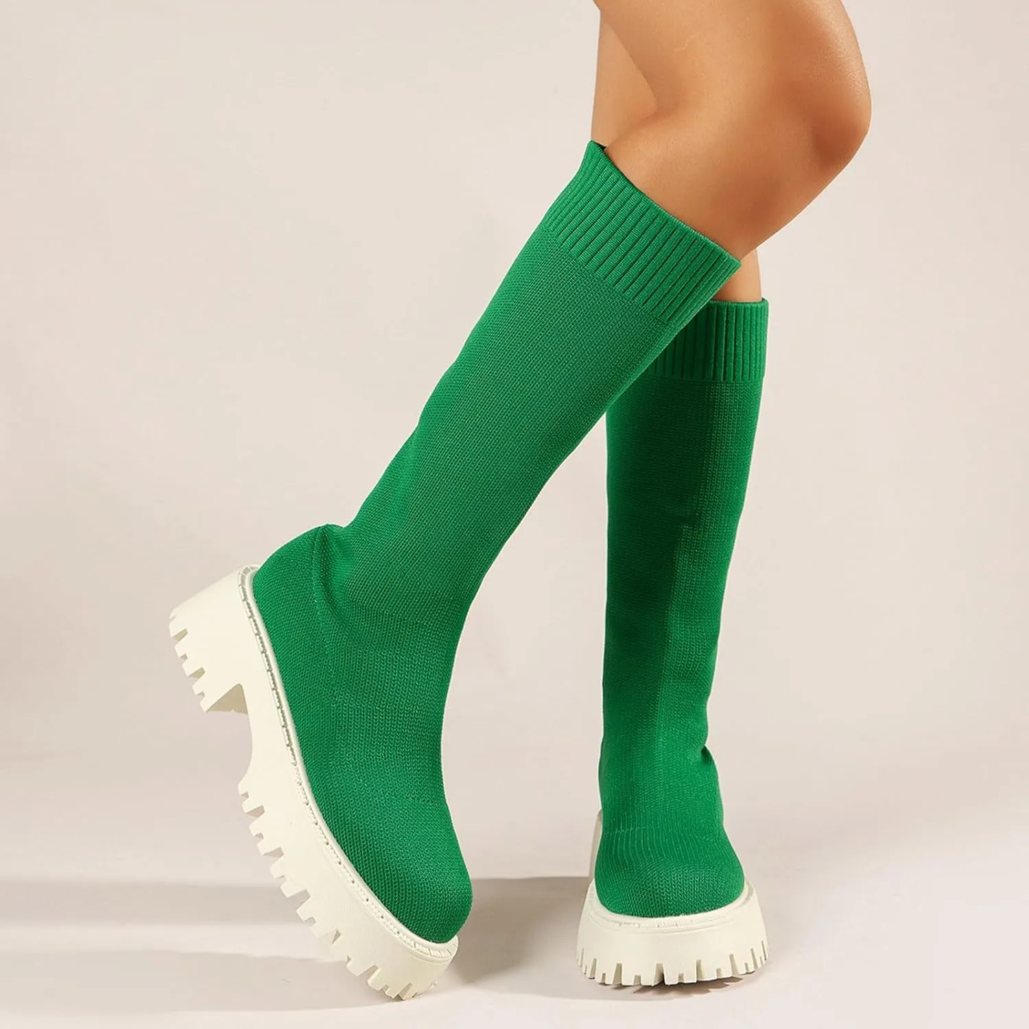 Winter Thick Soled Knitted Long Boots Women's Socks Long Boots Elastic Round Toe Mid Heel Boots Leather Low Boots Women, 6.5