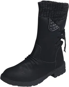Women's Snow Boots Low Heel Mid Calf Winter Boots Side Zip Western Platform Hiking Booties Warm Non Slip Outdoor Shoes Winter