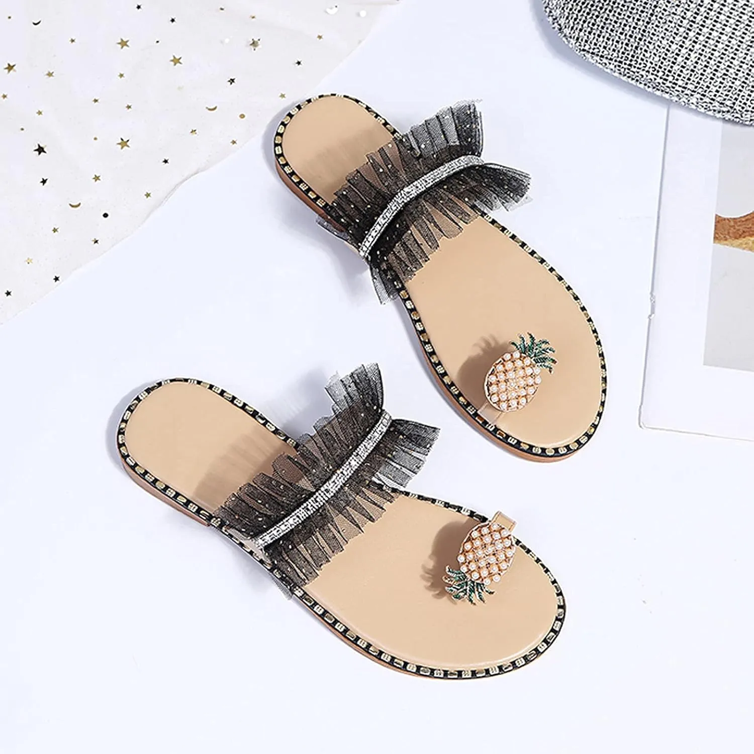 ZBYY Sandals for Women,Sweet Pineapple Rhinestone Sandals Clip Toe Flip Flops Boho Flat Slippers Summer Beach Sandals