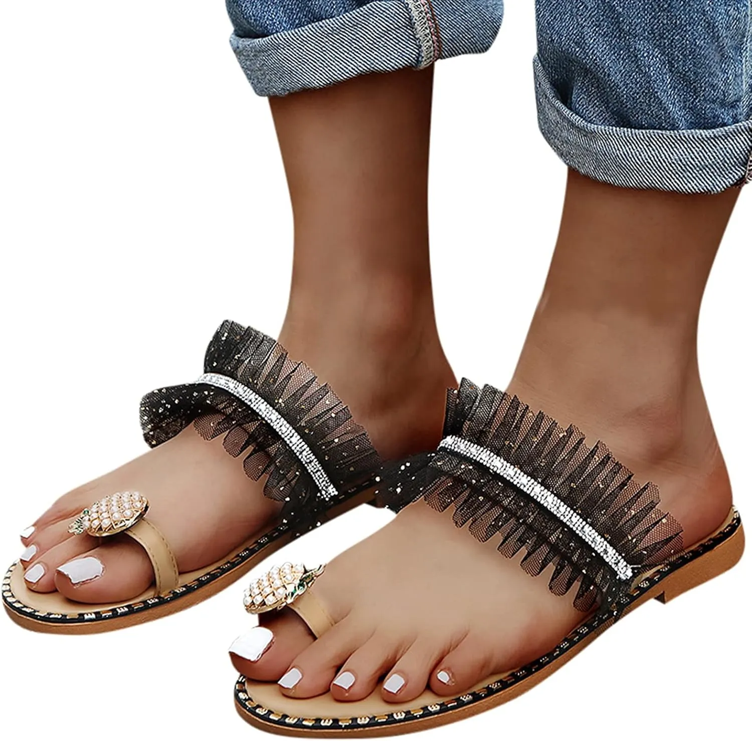 ZBYY Sandals for Women,Sweet Pineapple Rhinestone Sandals Clip Toe Flip Flops Boho Flat Slippers Summer Beach Sandals