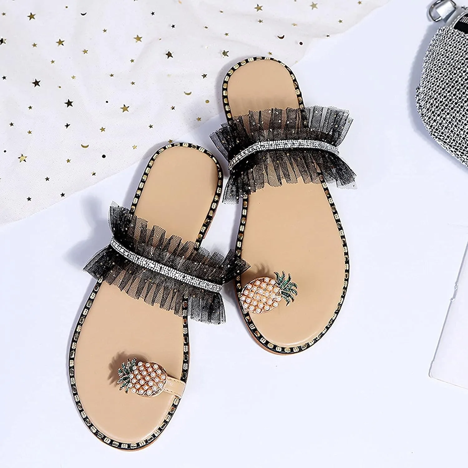 ZBYY Sandals for Women,Sweet Pineapple Rhinestone Sandals Clip Toe Flip Flops Boho Flat Slippers Summer Beach Sandals